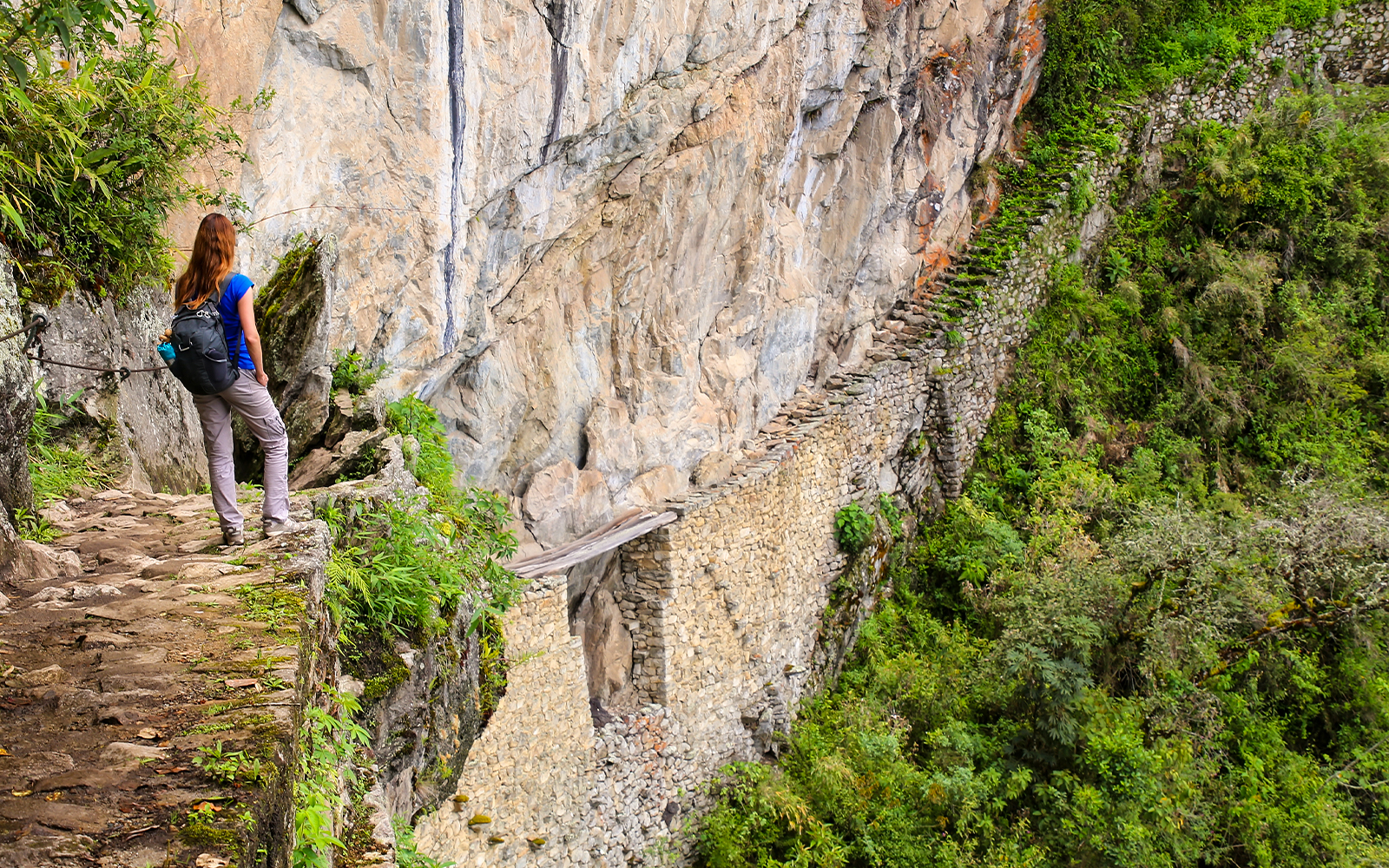 Hiker overlooking the ancient Inca Bridge surrounded by lush greenery.