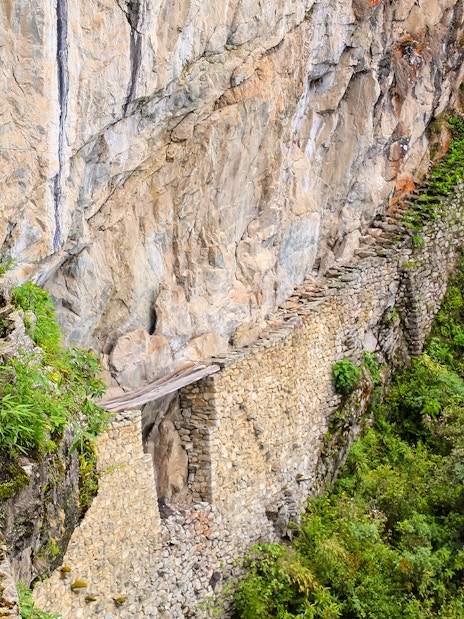 Hiker overlooking the ancient Inca Bridge surrounded by lush greenery.