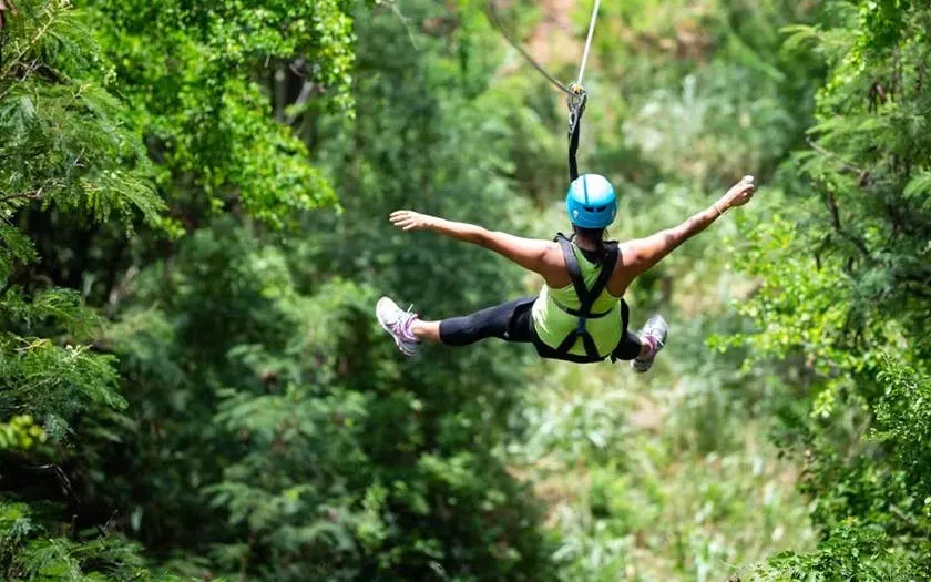 Ziplining through lush forest with modern braking system and expert guide.