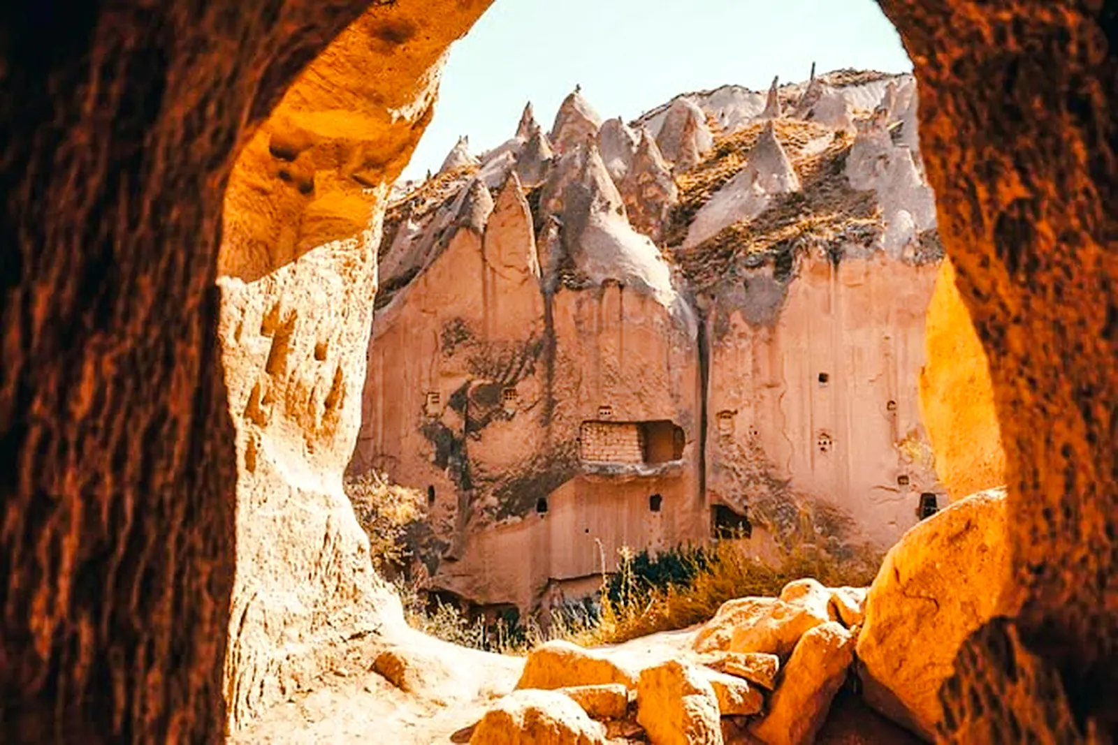 Cappadocia rock formations and cave dwellings on the Red Tour route.