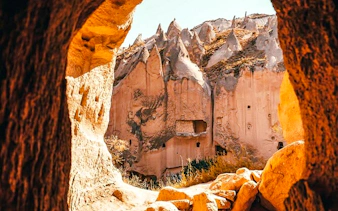 Cappadocia rock formations and cave dwellings on the Red Tour route.