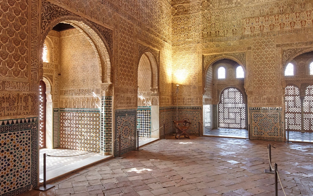 Ambassadors Hall in Alhambra, intricate ceiling and wall design, Granada, Spain.