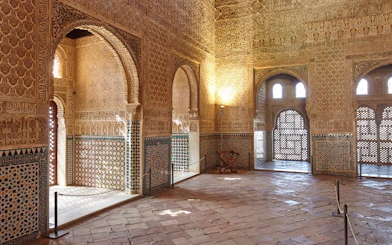 Ambassadors Hall in Alhambra, intricate ceiling and wall design, Granada, Spain.