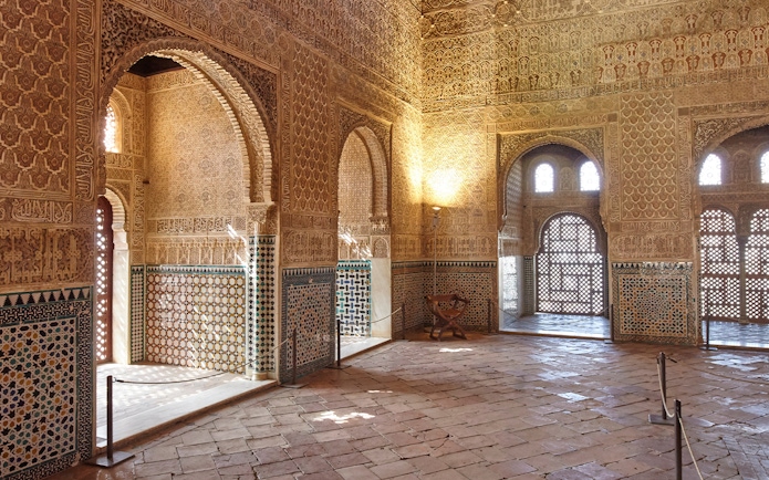 Ambassadors Hall in Alhambra, intricate ceiling and wall design, Granada, Spain.