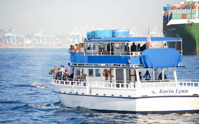 Tourists on a boat during Long Beach whale watching and dolphin tour.
