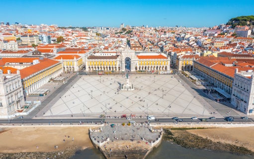 Aerial view of Rua Augusta Arch and Praça do Comércio in Lisbon, Portugal.