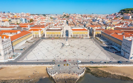 Aerial view of Rua Augusta Arch and Praça do Comércio in Lisbon, Portugal.