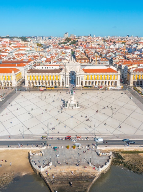 Aerial view of Rua Augusta Arch and Praça do Comércio in Lisbon, Portugal.