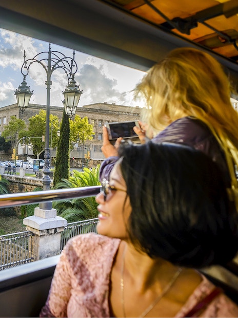 Lady enjoying view from 24-hour hop-on hop-off bus in scenic city landscape.