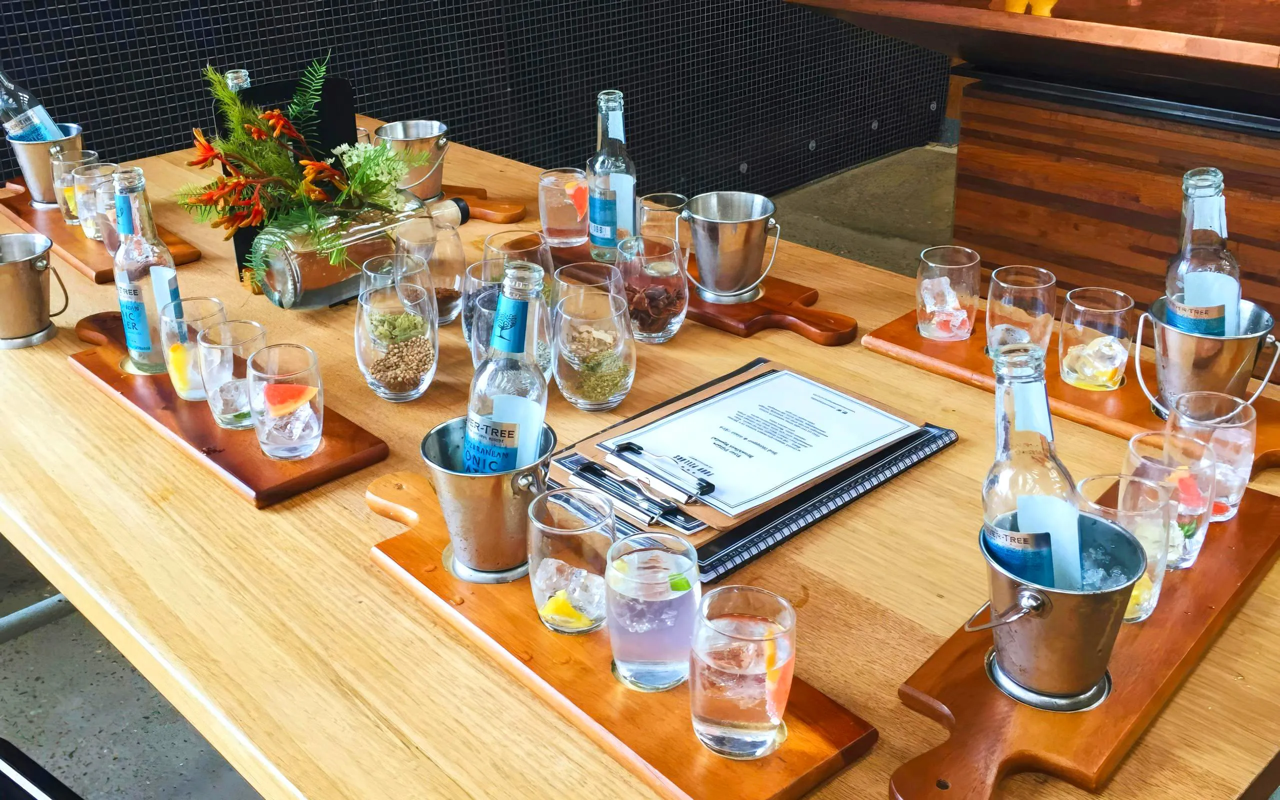 Tasting setup with tonic bottles and garnishes at Yarra Valley Winery Tour.