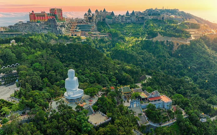 Aerial view of Linh Ung Pagoda with giant Buddha at Sun World Ba Na Hills, Vietnam.