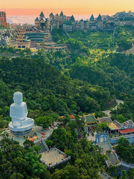 Aerial view of Linh Ung Pagoda with giant Buddha at Sun World Ba Na Hills, Vietnam.