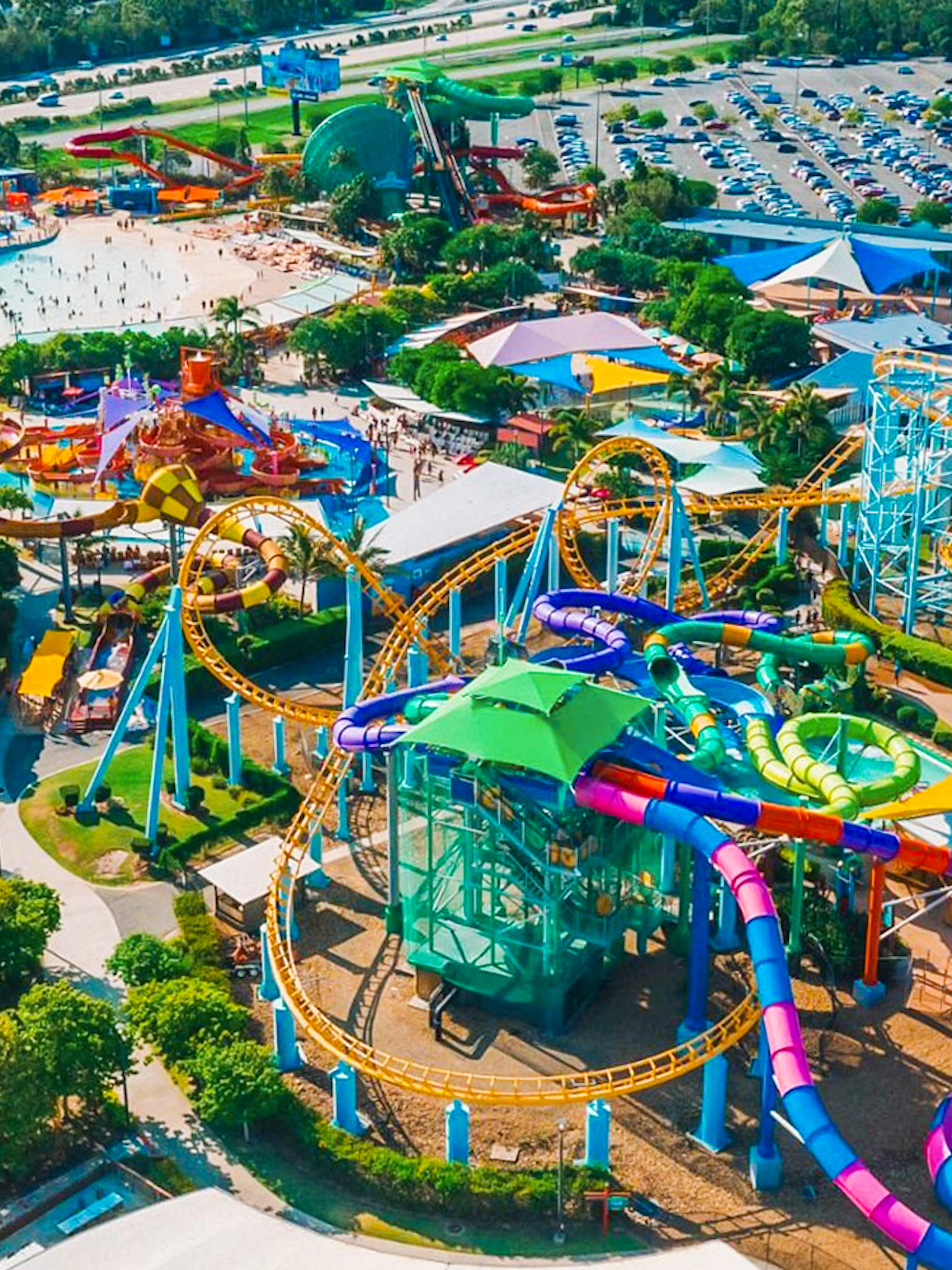 Aerial view of water slides and attractions at WhiteWater World, Gold Coast.
