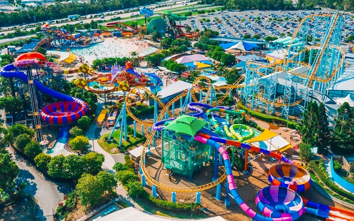 Aerial view of water slides and attractions at WhiteWater World, Gold Coast.