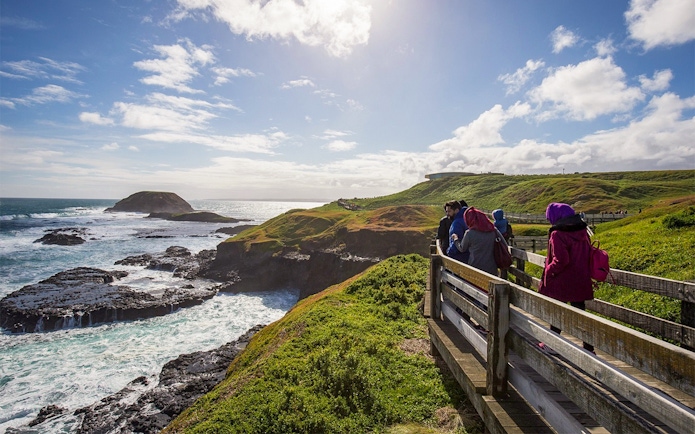 Visitors walking along Nobbies Lookout boardwalk with ocean and coastal views, Phillip Island.