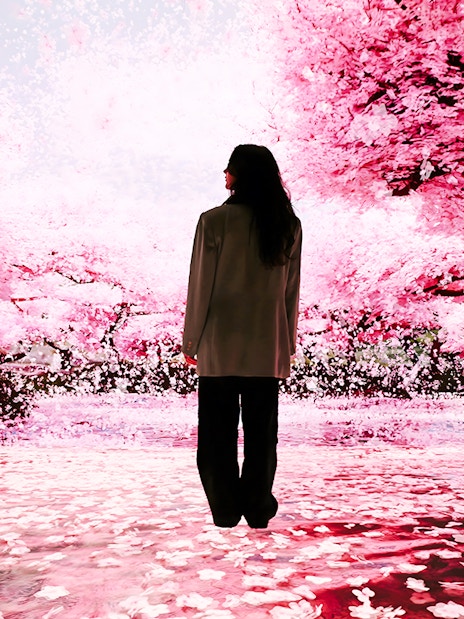 Person standing in immersive cherry blossom exhibit at Mercer Labs: Museum Of Art & Technology.