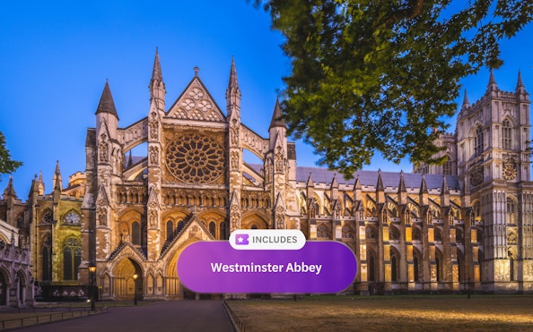 Westminster Abbey illuminated at night, London.