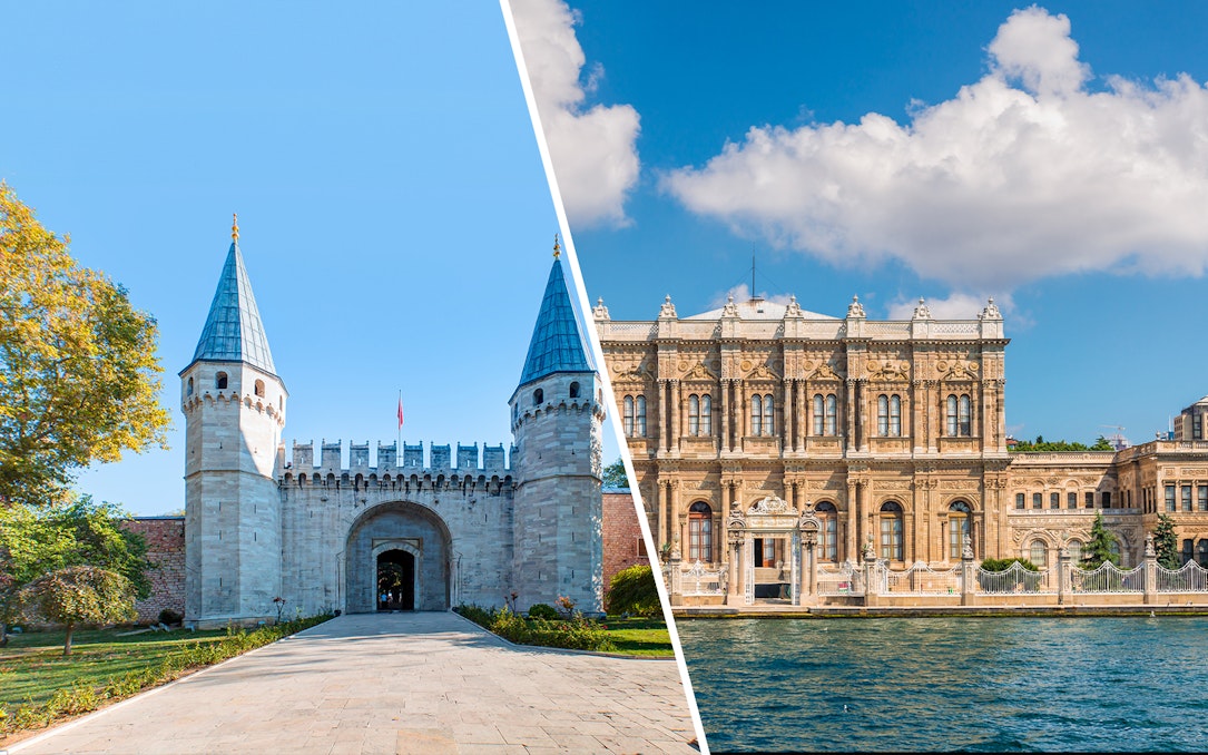 Topkapi Palace entrance and Dolmabahce Palace facade in Istanbul.