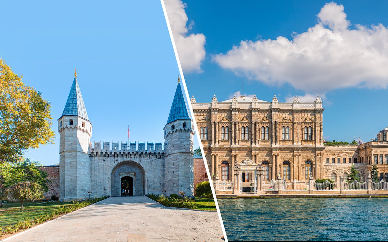 Topkapi Palace entrance and Dolmabahce Palace facade in Istanbul.