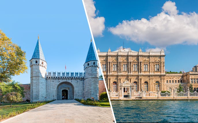 Topkapi Palace entrance and Dolmabahce Palace facade in Istanbul.