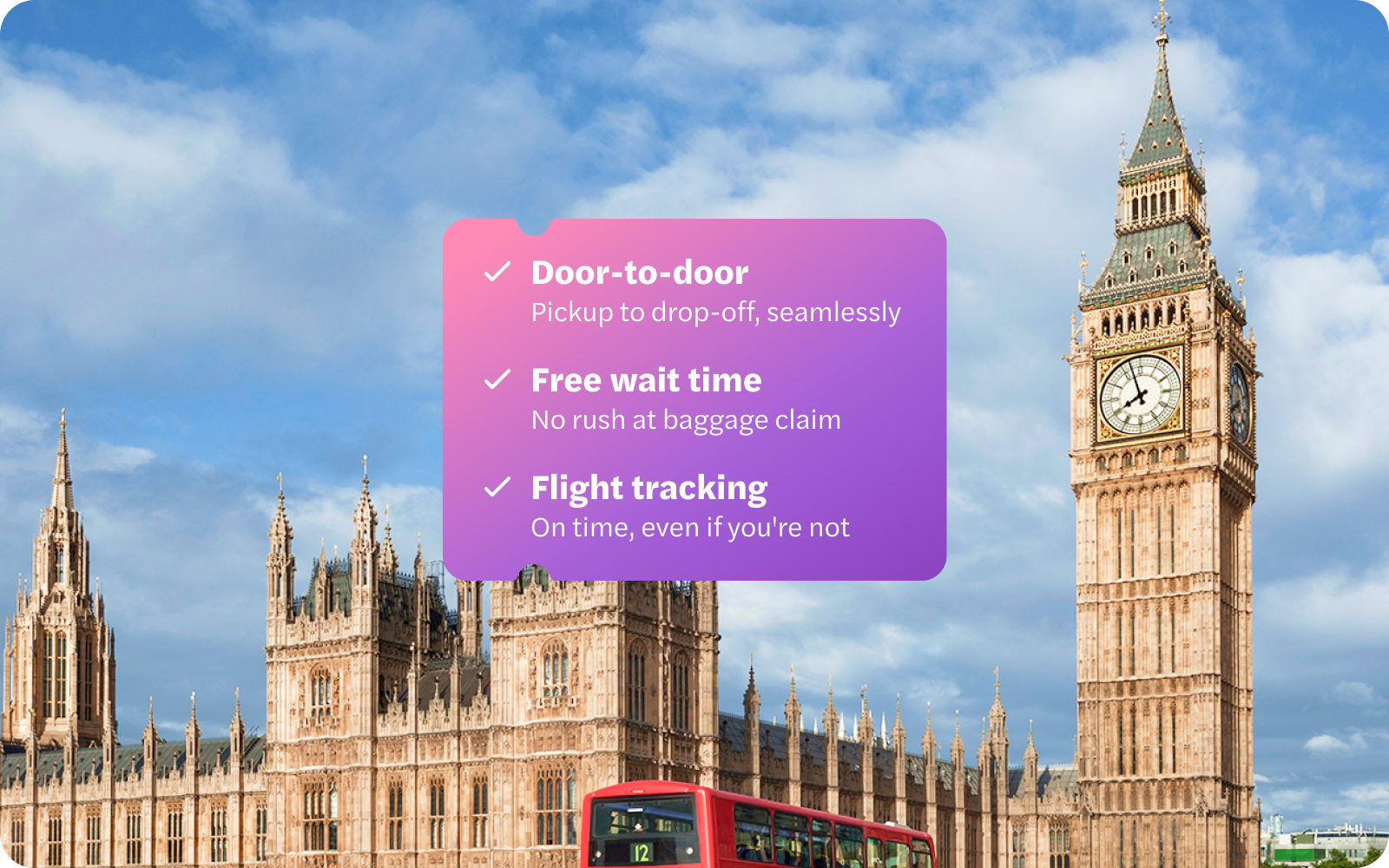 London Gatwick Airport private transfer service with Big Ben and red bus in background.