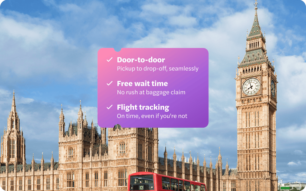 London Gatwick Airport private transfer service with Big Ben and red bus in background.