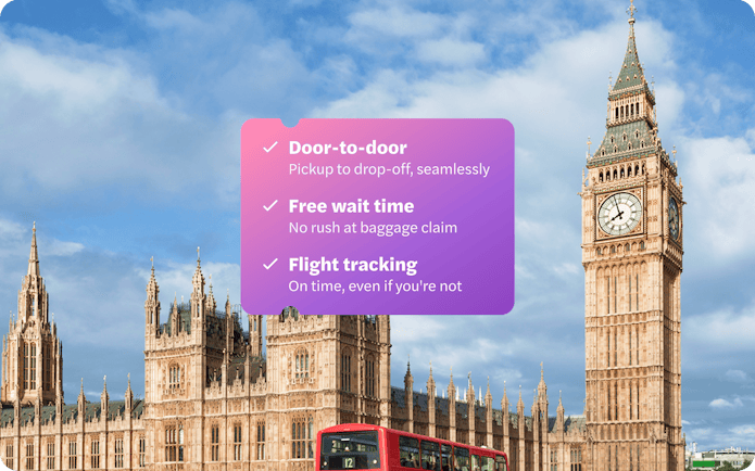 London Gatwick Airport private transfer service with Big Ben and red bus in background.
