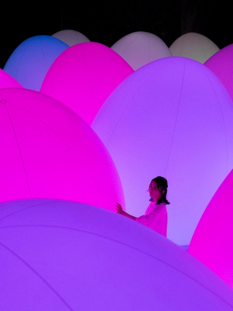 Visitors interacting with illuminated spheres at teamLab Botanical Garden, Osaka, Japan.