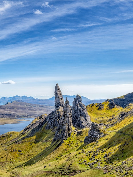 Old Man of Storr rock formation on Isle of Skye, Scotland, with surrounding landscape.