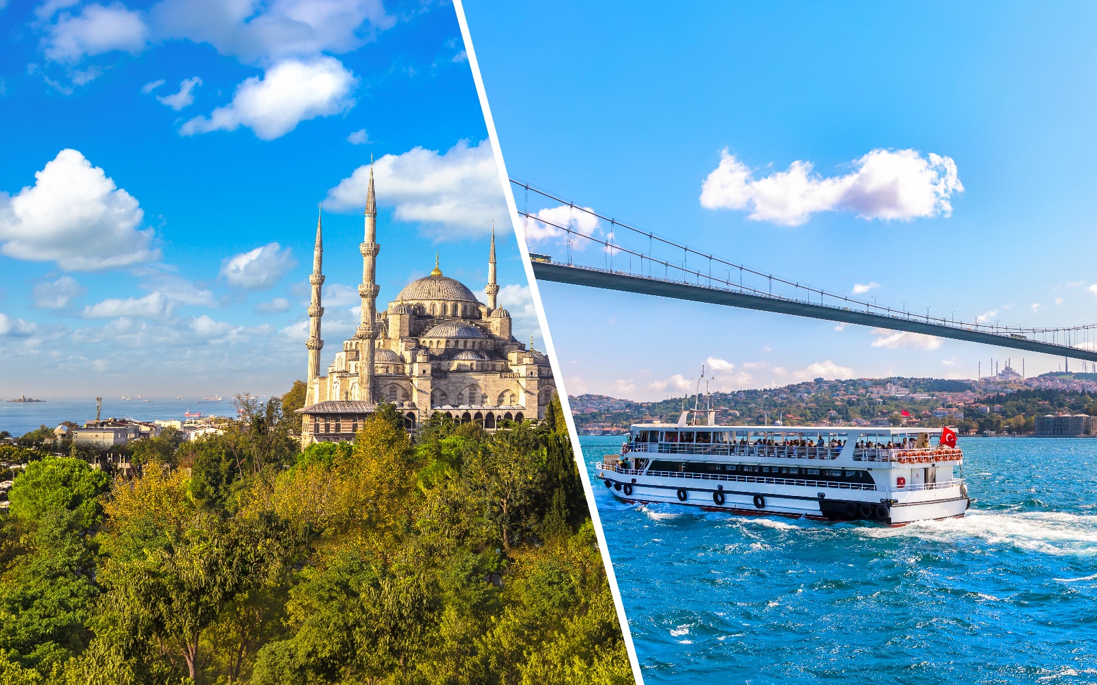 Blue Mosque in Istanbul with Bosphorus ferry and bridge in the background.
