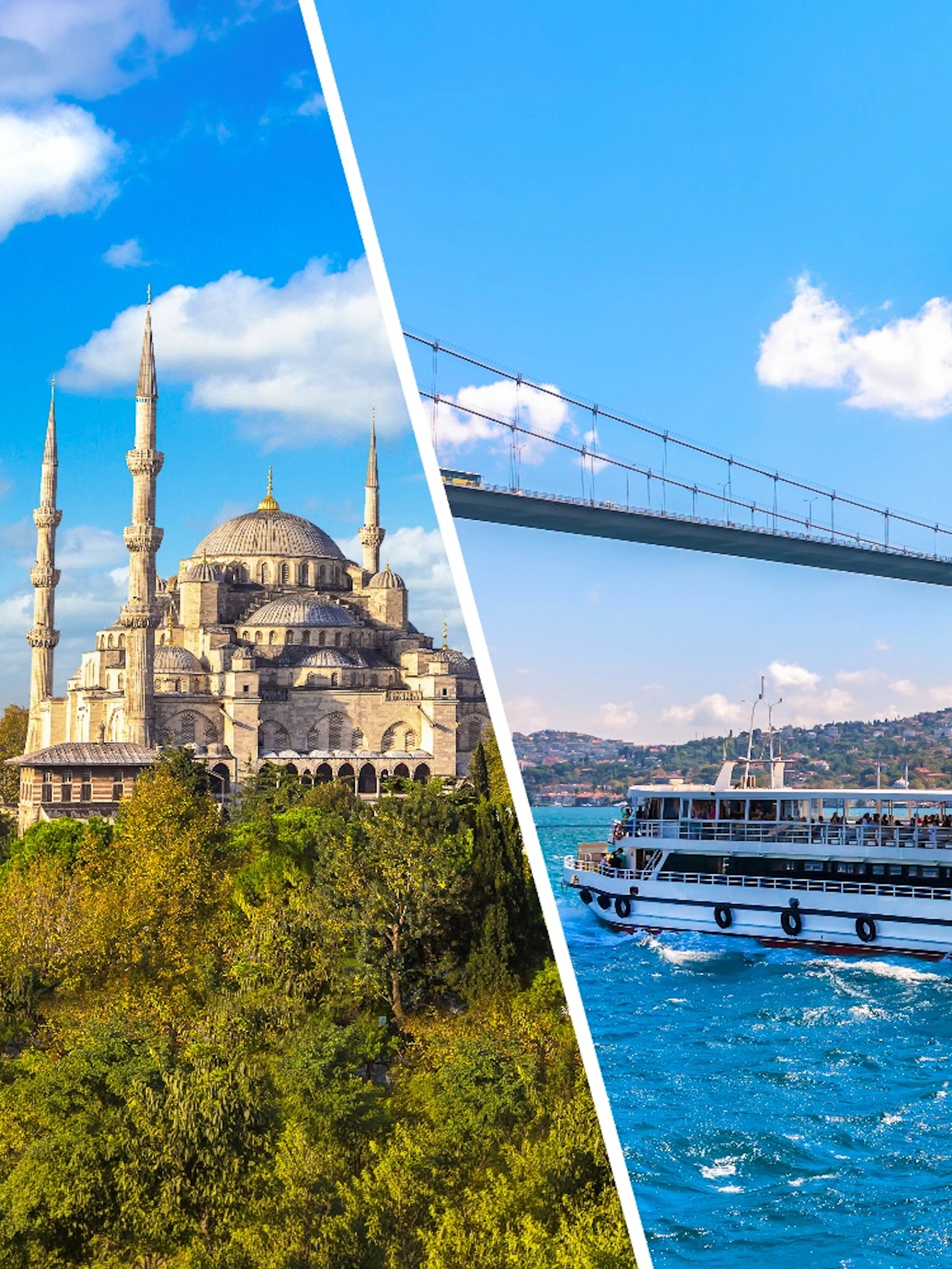 Blue Mosque in Istanbul with Bosphorus ferry and bridge in the background.