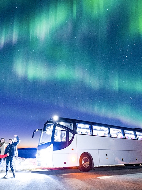 Tourists near a bus under Northern Lights in snowy landscape.