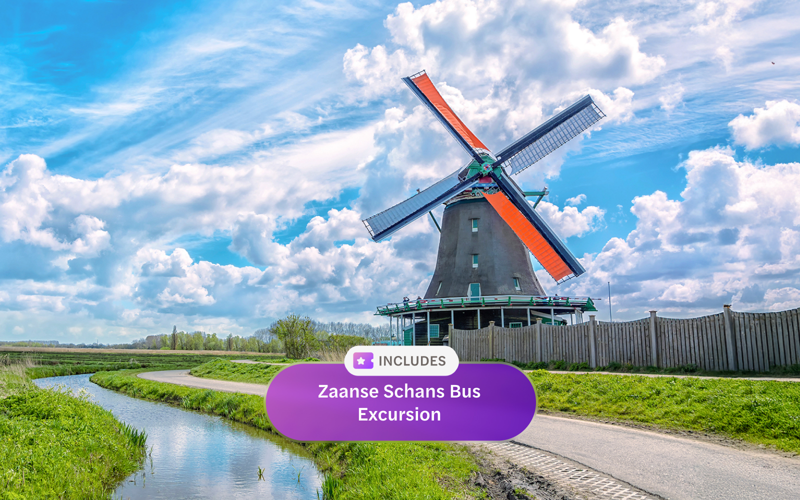 Windmill at Zaanse Schans with blue sky, part of Go City Amsterdam Pass.