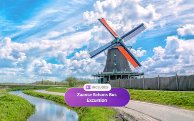 Windmill at Zaanse Schans with blue sky, part of Go City Amsterdam Pass.