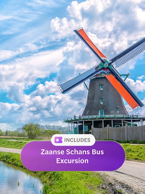 Windmill at Zaanse Schans with blue sky, part of Go City Amsterdam Pass.