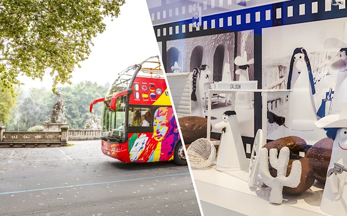 Turin hop-on hop-off bus near a historic statue and Lavazza Museum exhibit with coffee-themed art.