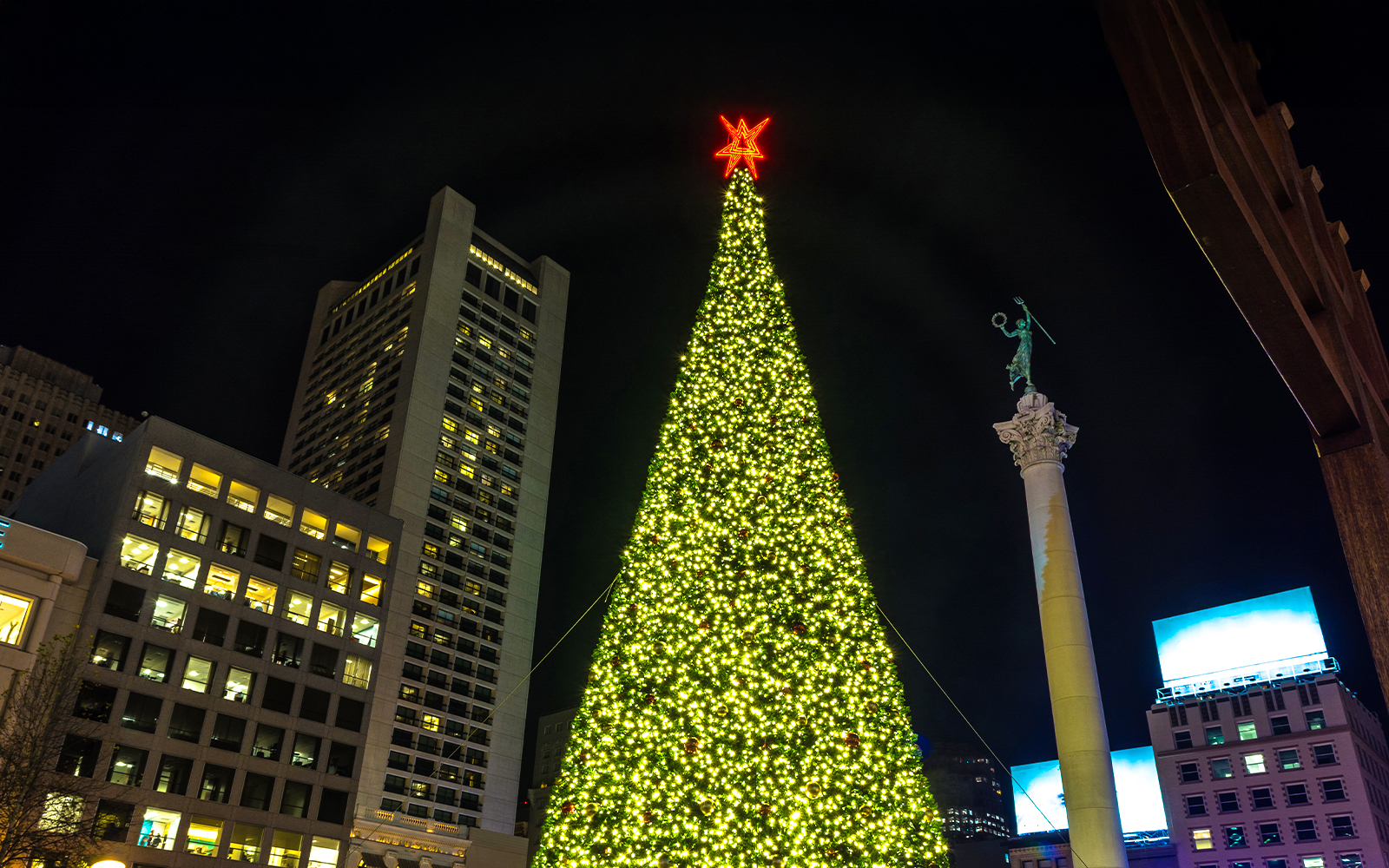 Union Square Christmas Tree illuminated at night, San Francisco.