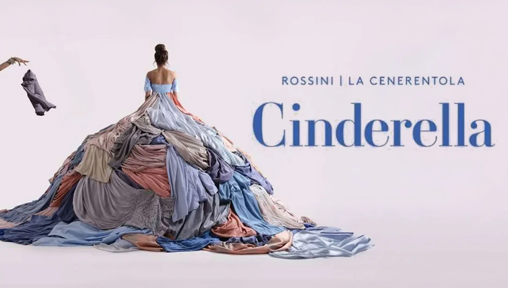 Cinderella in a gown made of colorful fabric layers, promoting Rossini's La Cenerentola.