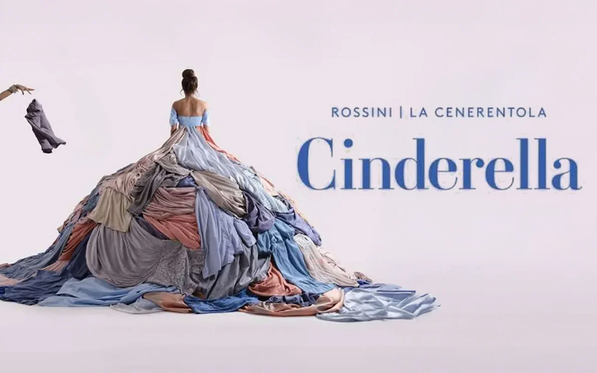 Cinderella in a gown made of colorful fabric layers, promoting Rossini's La Cenerentola.