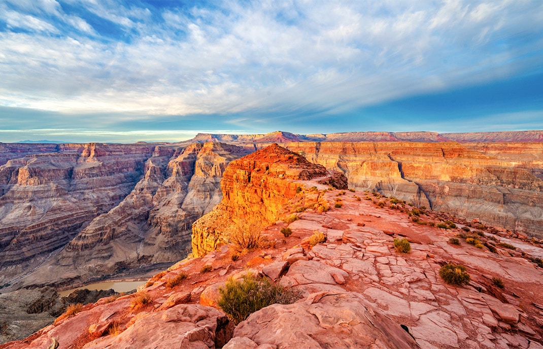 Aerial view of Grand Canyon West with red rock formations and expansive canyon landscape.