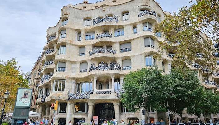 Casa Mila rooftop with unique chimneys in Barcelona, Spain.