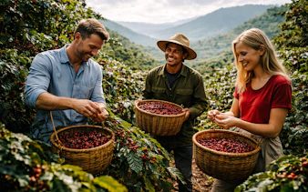Harvesting coffee cherries at a Sumatra coffee farm in Medan.