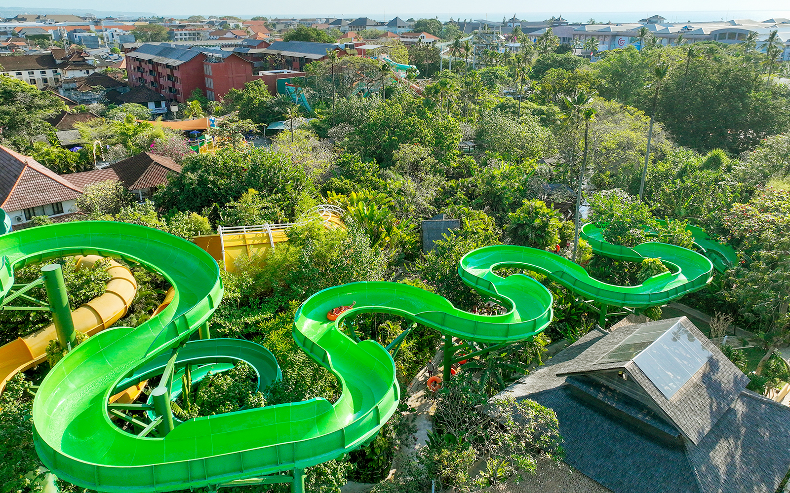 Aerial view of the Constrictor water slide at Waterbom Bali water park