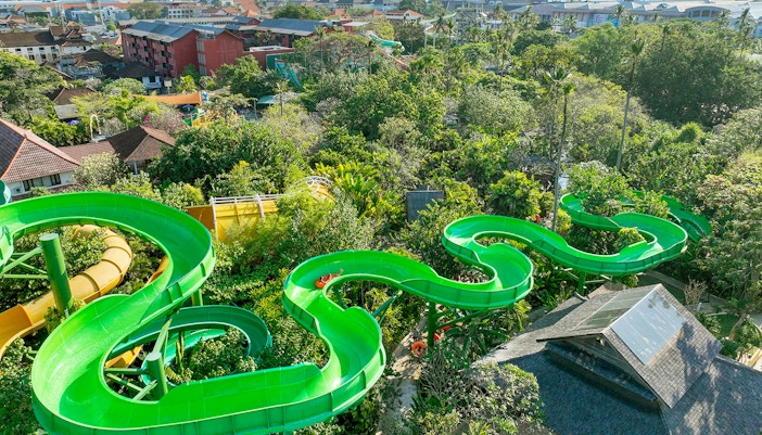 Aerial view of the Constrictor water slide at Waterbom Bali water park
