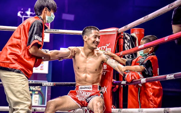 Muay Thai fighter in the ring at Rawai Muay Thai Boxing Camp, Thailand.