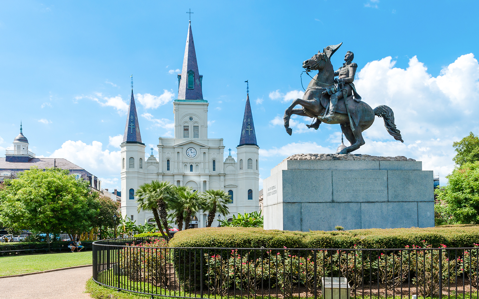 Saint Louis Cathedral and equestrian statue in Jackson Square, New Orleans, Louisiana.