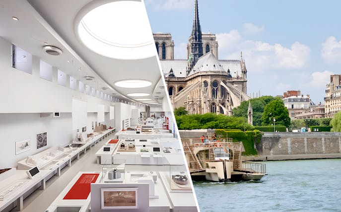 Notre-Dame de Paris and City of Architecture & Heritage exhibition interior.