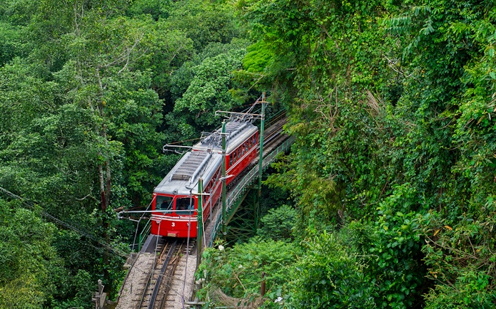 Red train traveling through lush Tijuca Forest in Rio de Janeiro.