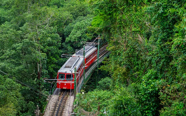 Red train traveling through lush Tijuca Forest in Rio de Janeiro.