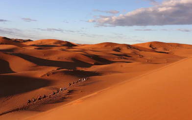 Camel caravan crossing sand dunes at Ait Ben-Haddou, Morocco.